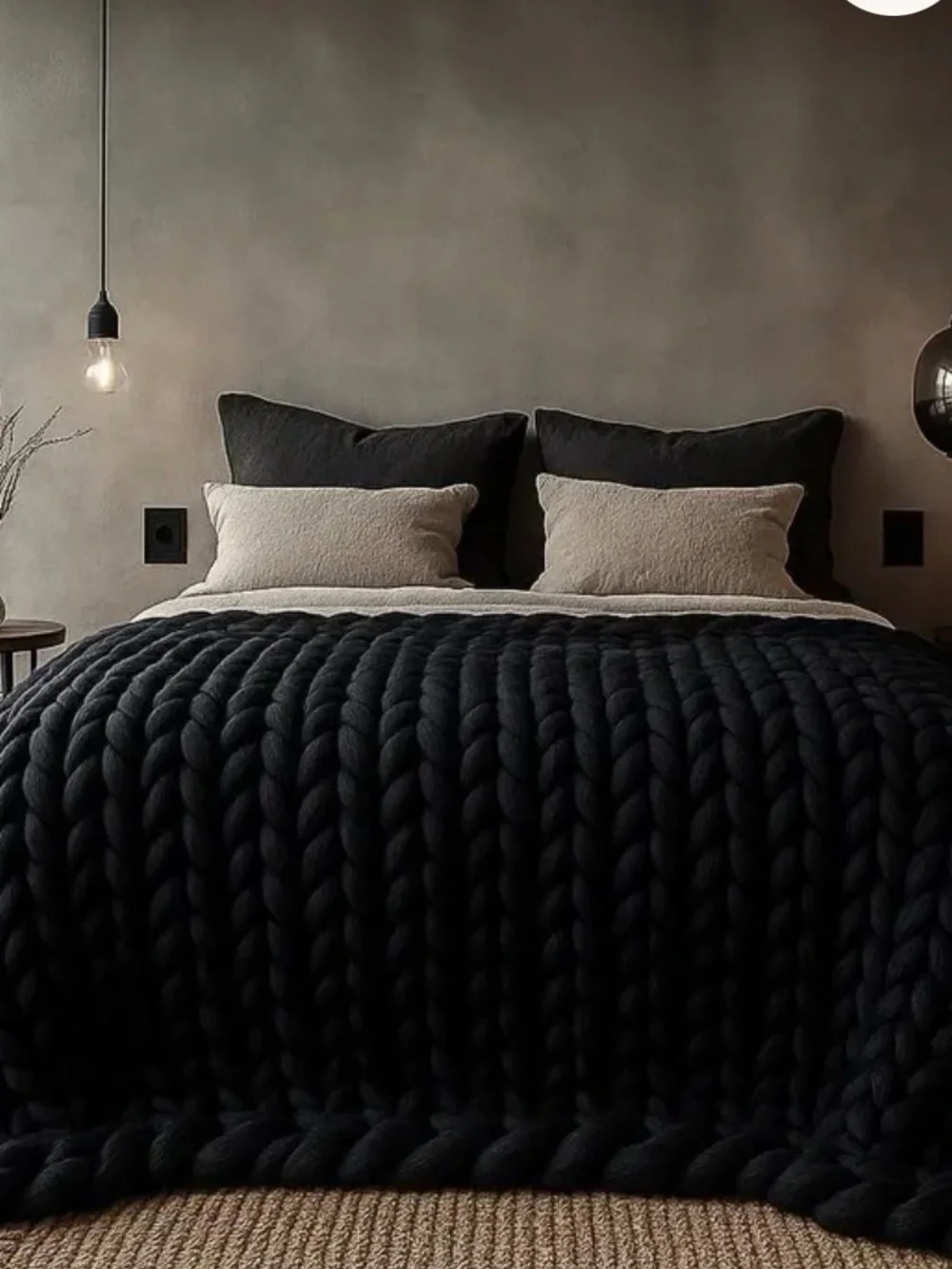 Handmade Chunky Knit Throw Blanket — Black